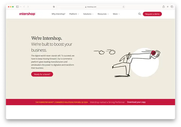 A screenshot of the Intershop website homepage. The main headline is "We're Intershop. We're built to boost your business." There's a subheading about the digital world always changing and the need to keep moving forward. There's an illustration of a person running with a tablet, and a tagline about giving leading manufacturers and wholesalers the power to digitalize and transform their businesses