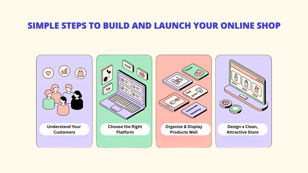 The fourth image (uploaded as Teknikforce Blogs - 2025-07-19T114312.120.jpg) outlines steps to set up an online store: "Understand Your Customers," "Choose the Right Platform," "Organize & Display Products Well," and "Design a Clean, Attractive Store." Each step has a corresponding illustration.